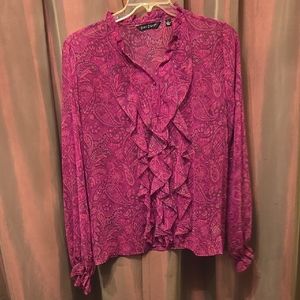 Dialogue Pink Ruffled Mandarin Collar Blouse